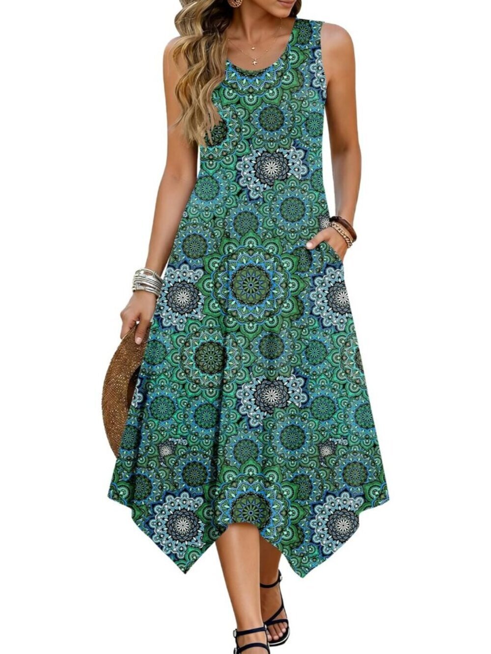 Hotouch Women's Floral Black Green Sleeveless Sundress Hankerchief Beach Dress